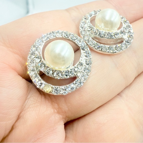 Monet Elegant Silver-Tone Earrings with Faux Pearls & Rhinestones - Picture 4 of 7